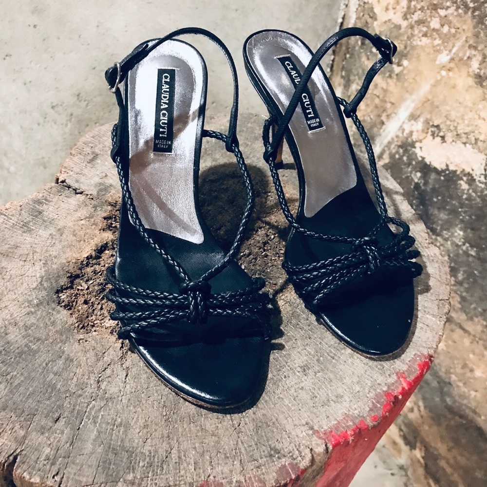 black strappy heels braided strap sandals Claudia Ciuti